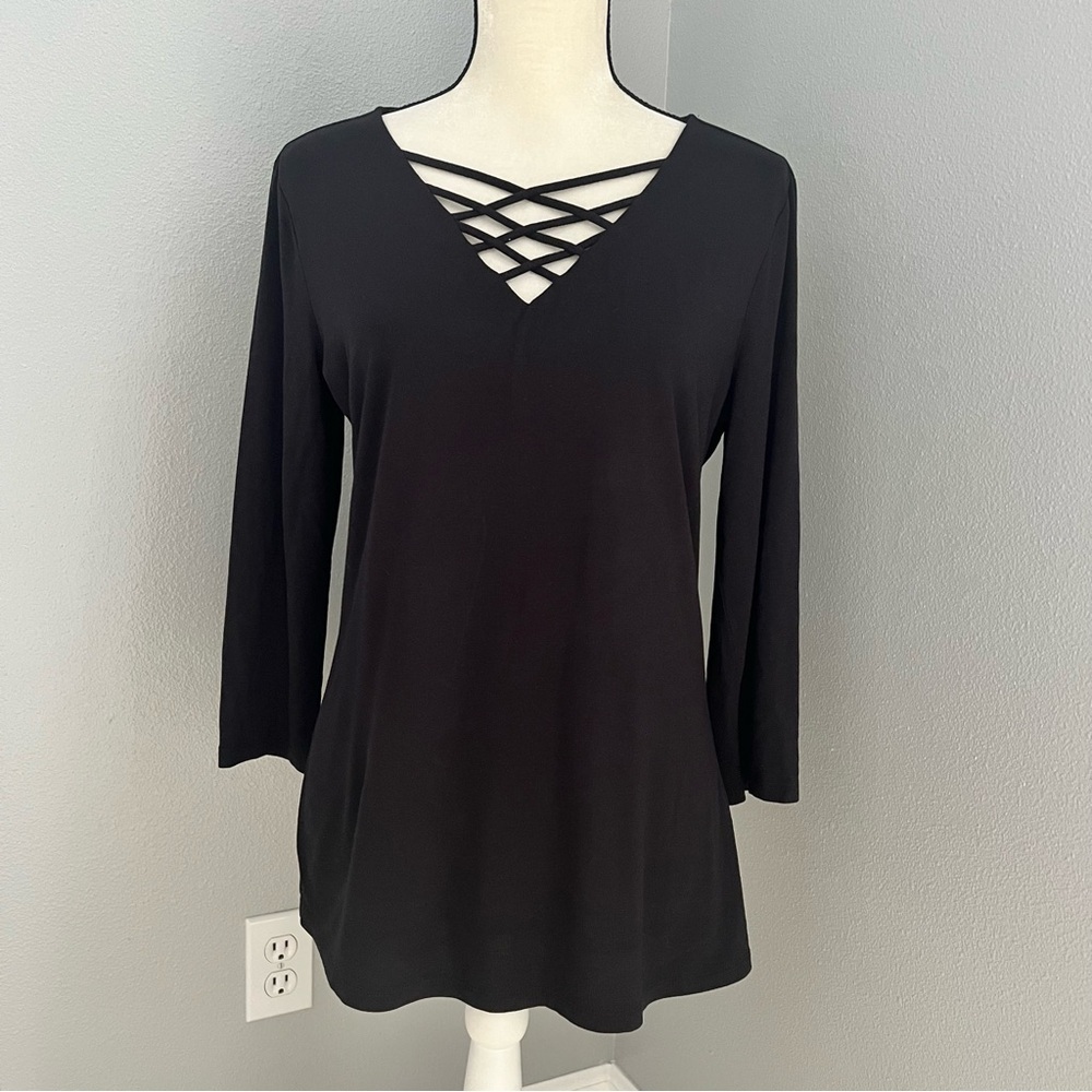INC International Concepts Black Crisscross V-Neck Blouse